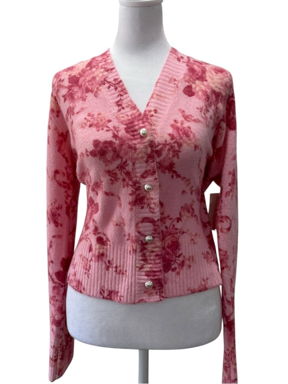 NWT CeCe Romantic Pink Floral V-neck Jacquard Button front Cardigan  Top Size M